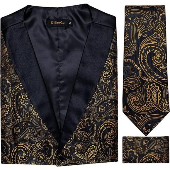 men's Wedding Paisley Suit Vest, Black Gold Slim Fit - Picture 5 of 6
